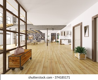 Loft Apartment Interior, Living Room, Kitchen, Hall 3d Rendering