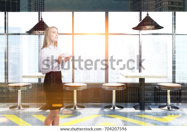 Loft Bar Interior Small Square Tables Stock Illustration