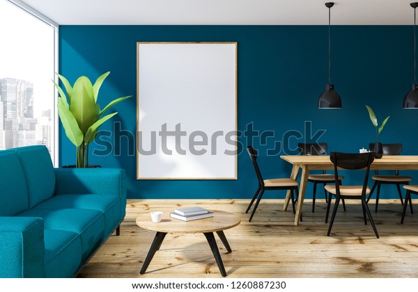 Loft Dining Room Interior Blue Walls Stock Illustration 1260887230