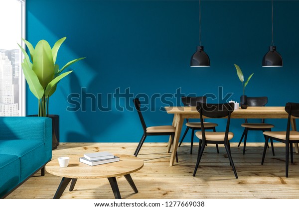 Loft Dining Room Interior Blue Walls Stock Illustration 1277669038