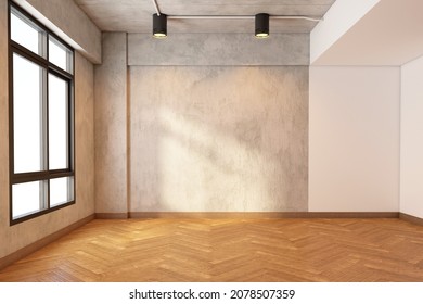 Loft Empty Room With Bare Cement Wall And Pattern Wood Floor. 3d Rendering