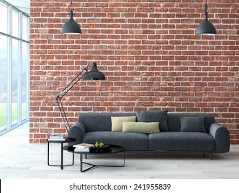 Loft Interior With Brick Wall And Coffee Table. 3d Rendering