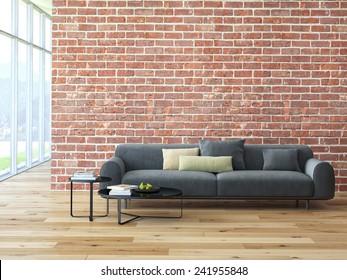 Loft interior with brick wall and coffee table. 3d rendering