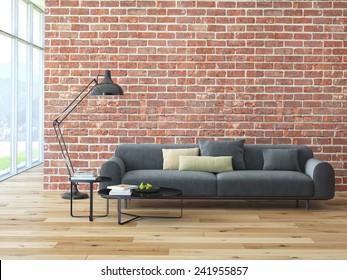 Loft interior with brick wall and coffee table. 3d rendering