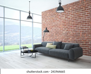 Loft Interior With Brick Wall And Coffee Table. 3d Rendering