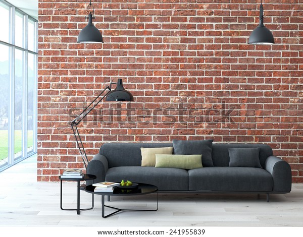 Loft interior with brick wall and coffee table.\
3d rendering