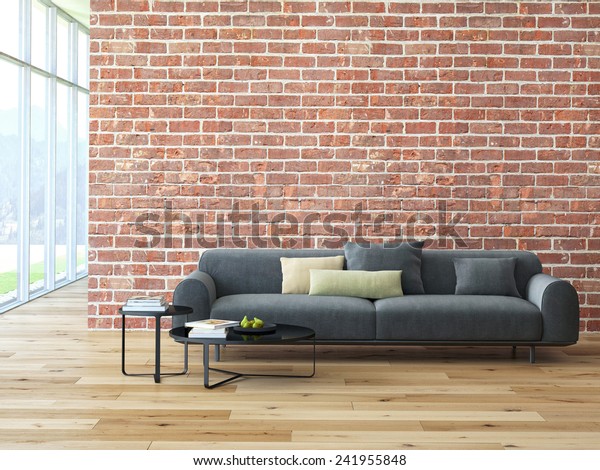 Loft interior with brick wall and coffee table.
3d rendering