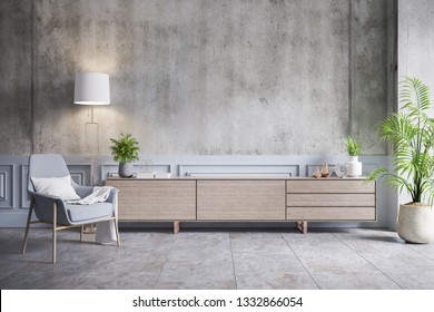 Loft Interior Design ,Wood Tv Cabinet And Gray Chair On Concrete Wall With Cement Flooring , 3d Render