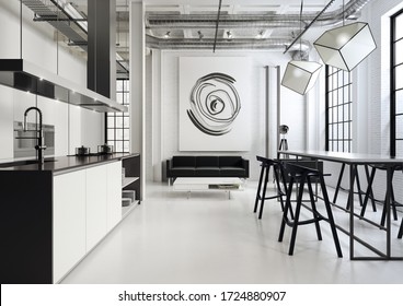 Loft open plan interior with kitchen, dining room and living room, designed in black nad white shades. 3D illustration.