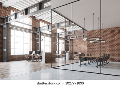 Loft Open Space Office With A Wooden Floor, Brick Walls And Gray And Wooden Computer Desks. A Conference Room. 3d Rendering Mock Up