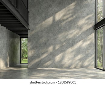 Loft space empty room with nature view 3d render,There are polished concrete floor and wall,black steel structure,There are large windows look out to see the nature,sunlight shining into the room.