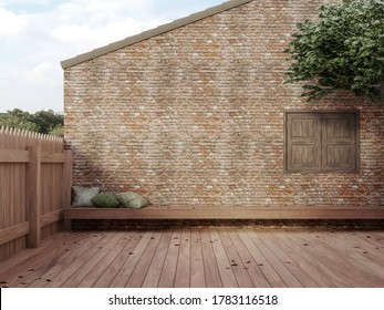 Loft style empty courtyard 3d render,There has a wooden floor and fence, old brick wall and decorated with long wooden benches with views of nature outside.