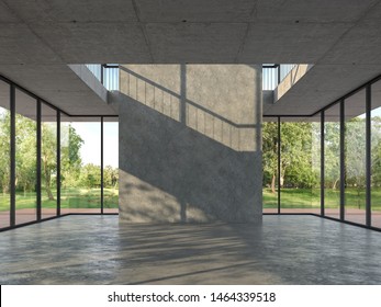 Loft style empty room with concrete backdrop 3d render,With a concrete floor and ceiling. There are large  window, looking out to see wood terrace and nature view.
