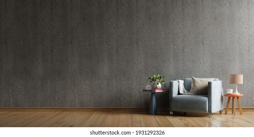Loft style house with armchair and accessories in the room behind the concrete wall.3d rendering