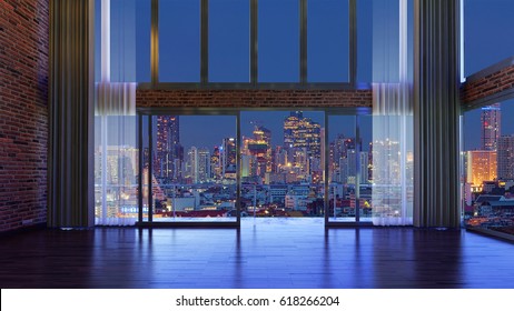 Loft Style Interior Design Windows In A Hotel  At Night With Curtains And City Background, 3d Rendering Illustration