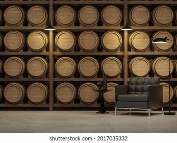 Loft Style Living Room With Wooden Wine Barrel Background 3d Render,The Room Has Polished Concrete Floor Decorate With Leather Lounge Chair