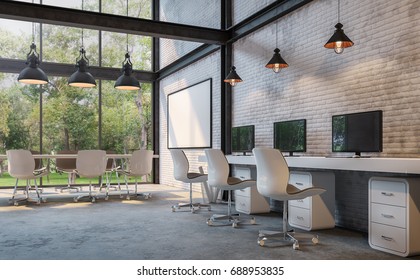Loft style office 3d rendering image.There are white brick wall,polished concrete floor and black steel structure.Furnished with white furniture.There are large windows look out to see the nature