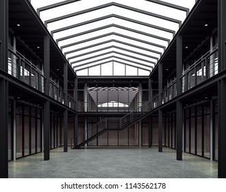 Loft style office space 3d render.There are interior of the 2 storey building is made of black steel structure.And there have nature light from the skylight above.