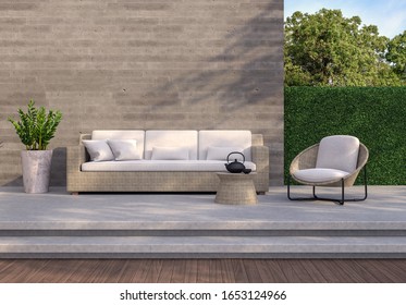 Loft style outdoor living area 3d render,There are wooden and concrete floor,rough concrete wall with wood plank stemped,green plant fence,decorate with ratten and fabric furniture.