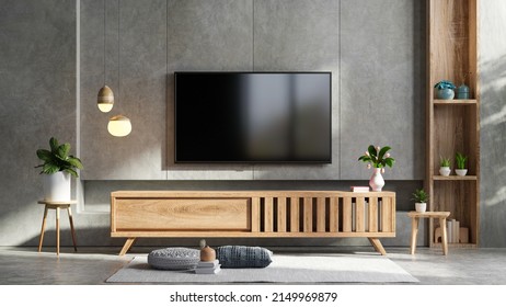 Loft Style In Tv Room Interior Wall Mockup On Concrete Wall,3d Rendering