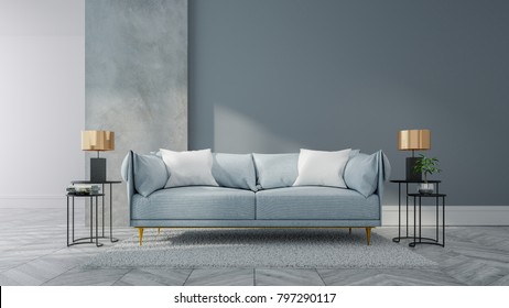 Loft and vintage interior of living room, Blue sofa on white flooring and blue wall  ,3d rendering