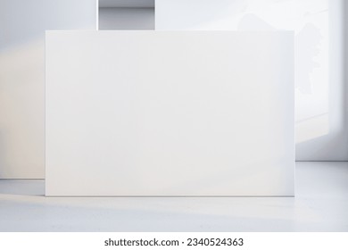 Loft white geometric interior with mock up place on walls. Exhibition, gallery and layout concept. 3D Rendering