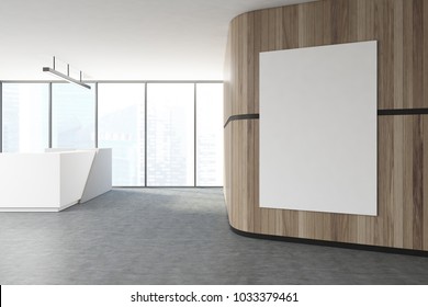 Loft Wood Wall Office Interior With A White Reception Desk And A Large Vertical Poster On The Wall. 3d Rendering Mock Up