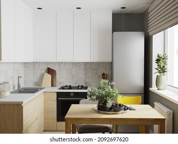 Loft-style Design Of Small Kitchen With Grey Walls And White Cabinets 3d Render. 