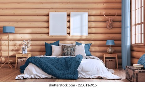 Log Cabin Bedroom In Blue And Beige Tones. Double Bed With Blanket And Duvet, Wooden Side Tables. Frame Mockup, Farmhouse Interior Design, 3d Illustration