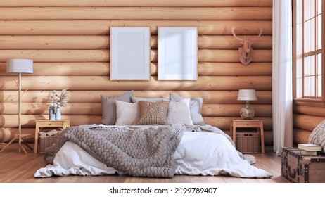 Log Cabin Bedroom In White And Beige Tones. Double Bed With Blanket And Duvet, Wooden Side Tables. Frame Mockup, Farmhouse Interior Design, 3d Illustration