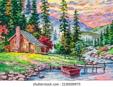 Log House. Cabin For Camping. Holidays In The Mountains. Beautiful Forest Nature. Country Landscape With Lake And Boat. Watercolor Painting. Acrylic Drawing Art.