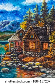 Log House In The Forest. Cabin For Camping. Holidays In The Mountains. Watercolor Painting.