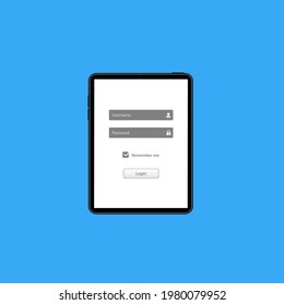 Log in screen on tablet. Mobile application interface, registration form with login and password fields. Website UI with buttons and network account sign.
