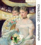 The Loge (1878–1880) by Mary Cassatt. Two women in Opera house. Vintage women portrait art drawing illustration, Cassatt female person old painting art print of women in white dress watching theater.