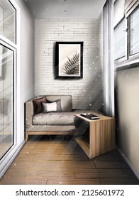 Loggia design. Modern loggia with rest zone table and sofa. Sketch interior design. Digital illustration art.