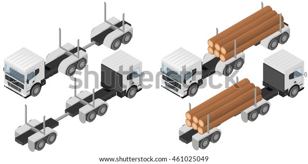 Logging truck in\
isometric. A bunch of logs in the body of the white vehicle. The\
industry of construction. Deforestation. Forest cutting. Cargo\
transport.\
illustration.