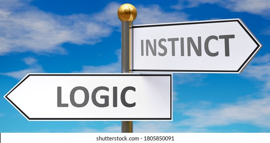 Logic and instinct as different choices in life - pictured as words Logic, instinct on road signs pointing at opposite ways to show that these are alternative options., 3d illustration