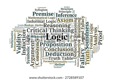 Logic Word Cloud. A Professional Visual Overview of Deductive and Inductive Reasoning. Explores Logical Fallacies, Premises, and the Foundational Structures of Rational Thought.