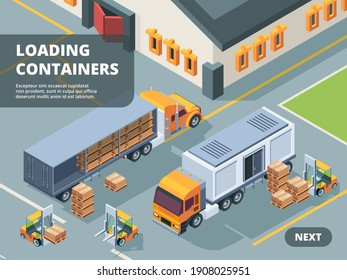 Logistic concept. Warehouse loading containers shipping transportation retail workers tracking industrial technology isometric