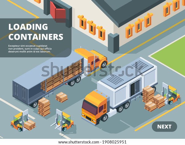 Logistic concept. Warehouse loading containers\
shipping transportation retail workers tracking industrial\
technology\
isometric