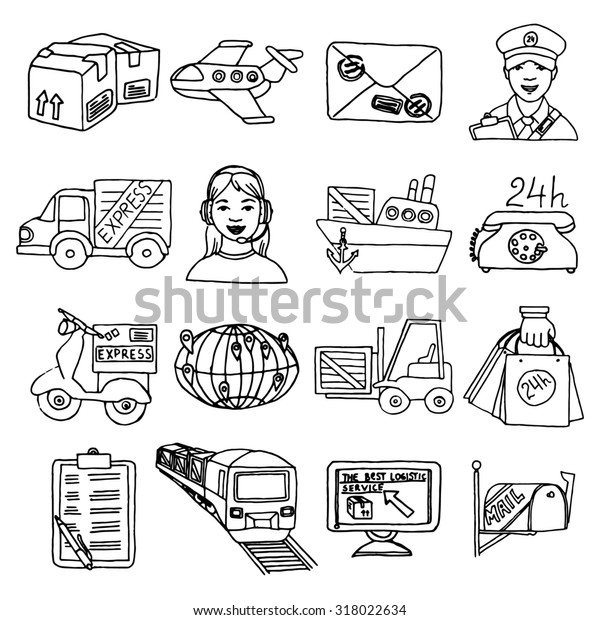 Logistic delivery transportation\
cargo container sketch decorative icons set isolated \
illustration