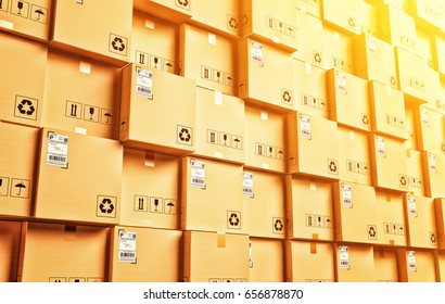 Logistic And Distribution Warehouse, Packages And Parcels Delivery Concept, Stack Of Cardboard Boxes, 3d Illustration