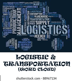 Logistic info-text (cloud word) composed in the shape of a truck transport   on dark background