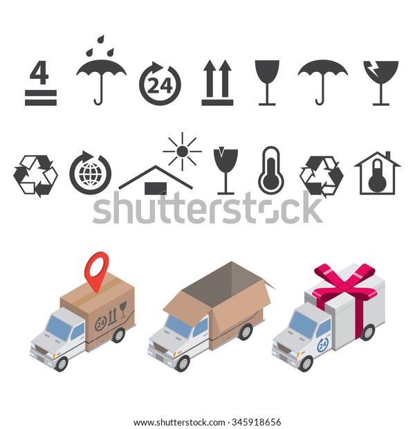 Logistic and Shipping icons set with\
three isometic delivery truck. Isolated on white\
background