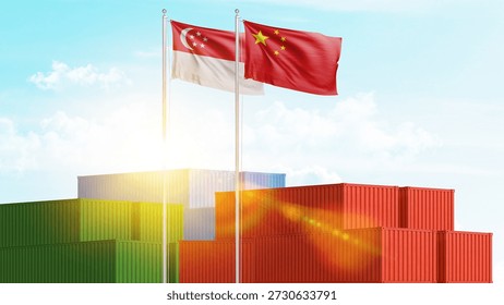 Logistics, cargo and shipping relations between Singapore and China. Import and export of goods and raw materials. Business and collaboration concept.