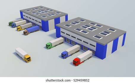 Logistics Center With Trucks. 3D Render.