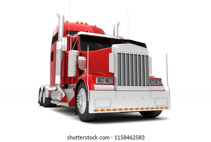 Logistics Concept. American Red Freightliner Cargo Truck Without A Container Moving From Left To Right Isolated On White Background. Front Perspective View. 3D Illustration