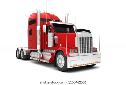 Logistics Concept. American Red Freightliner Cargo Truck Without A Container Moving From Left To Right Isolated On White Background. Front Perspective View. 3D Illustration