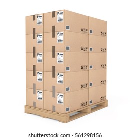 Logistics concept. Cardboard boxes on wooden palette on a white background. 3d Rendering. 