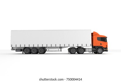 Logistics Concept. Cargo Truck Transporting Goods Moving From Left To Right Isolated On White Background. Side View. 3D Illustration